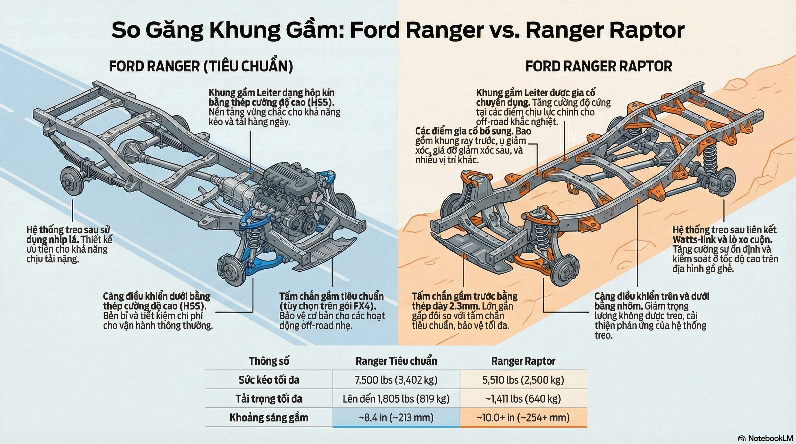 So sánh khung gầm Ranger tiêu chuẩn và Raptor